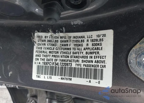 2020 Honda Civic Ex из США, поврежденный, VIN 19XFC1F34LE220973